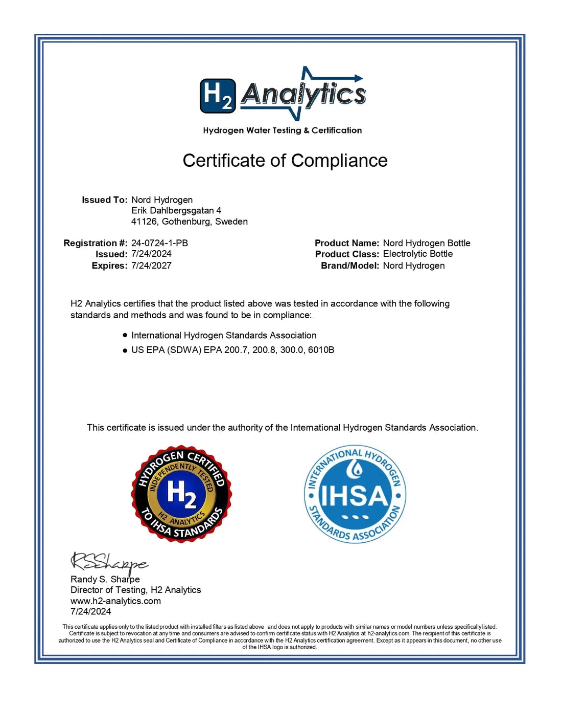Certificato di conformità IHSA per la Nord Hydrogen Bottle