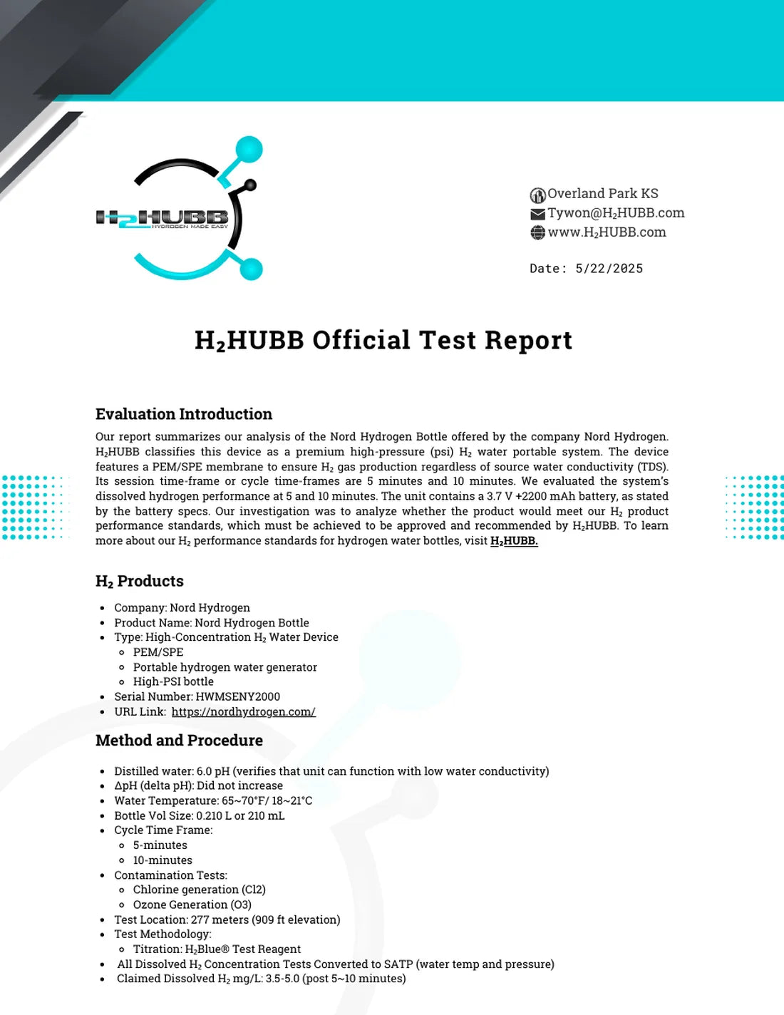 Prima pagina del report di test ufficiale H₂HUBB per la Nord Hydrogen Bottle